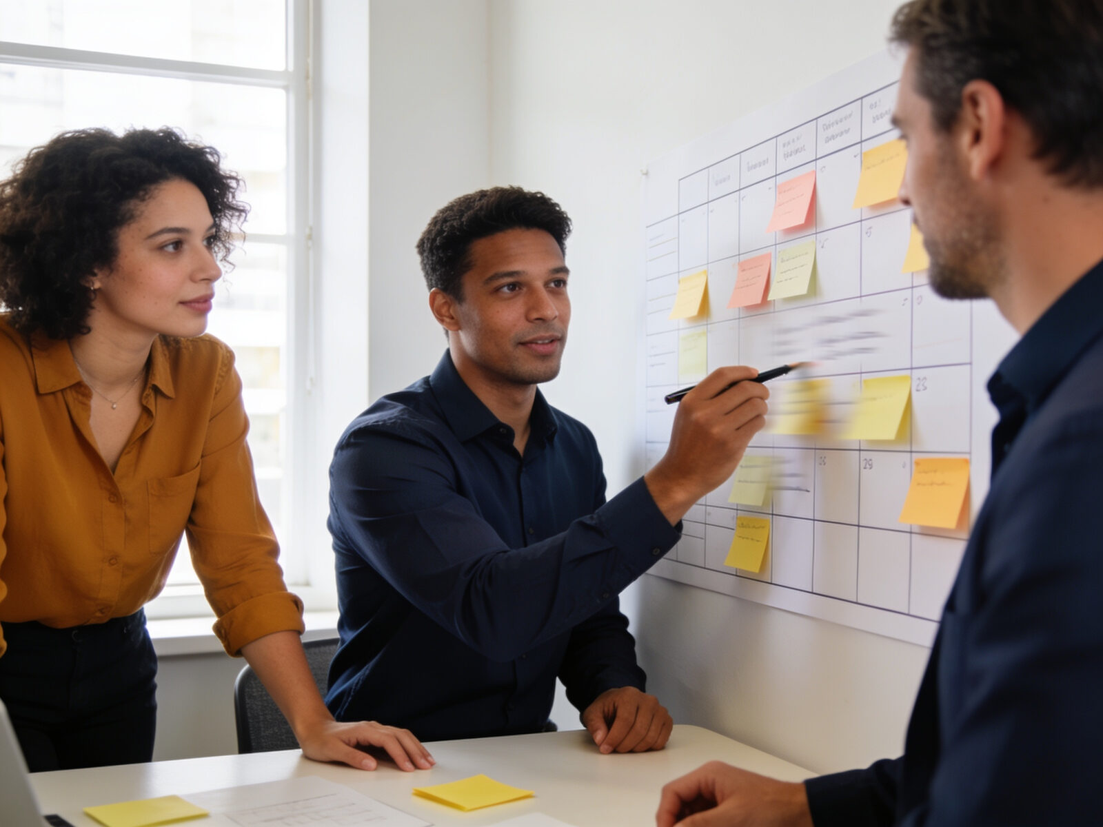 Équipe d'une PME planifiant sa mise en conformité à l'AI Act autour d'un calendrier mural