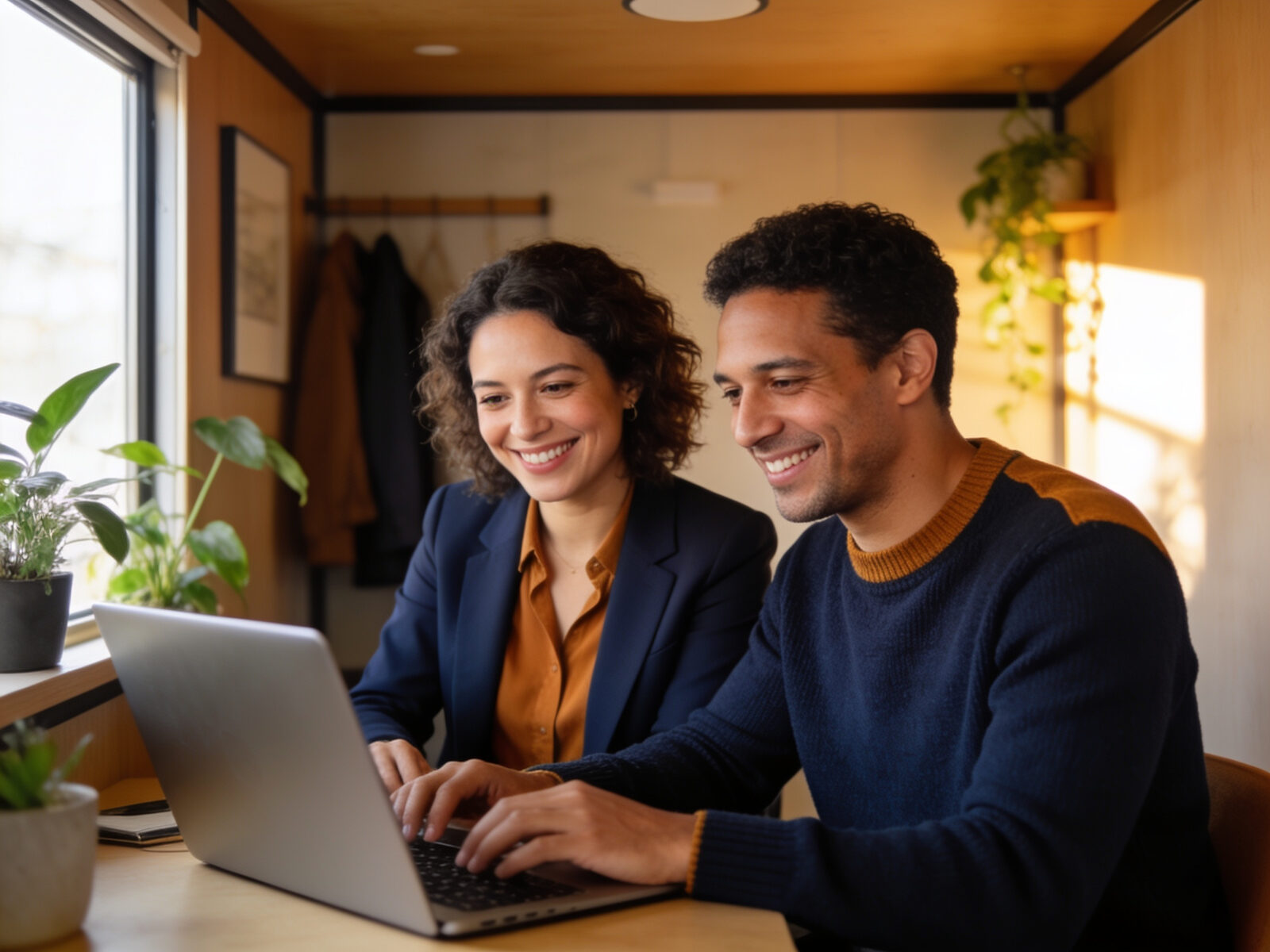 Deux dirigeants de PME sereins comparant des outils IA conformes RGPD et AI Act sur Panoraia